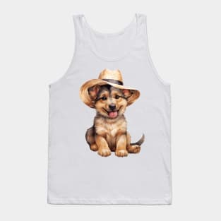 Watercolor German Shepherd Dog in Straw Hat Tank Top